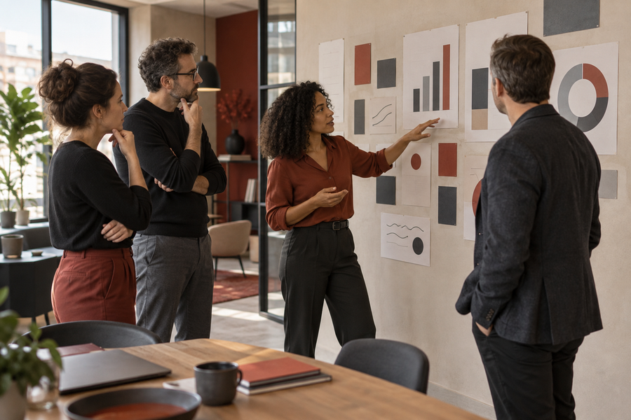 Réunion de cadence devant le tableau des indicateurs